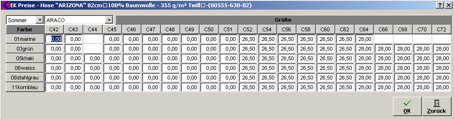 Farben und Größen - EK Preise