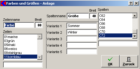 Farben und Größen - Einstellungen