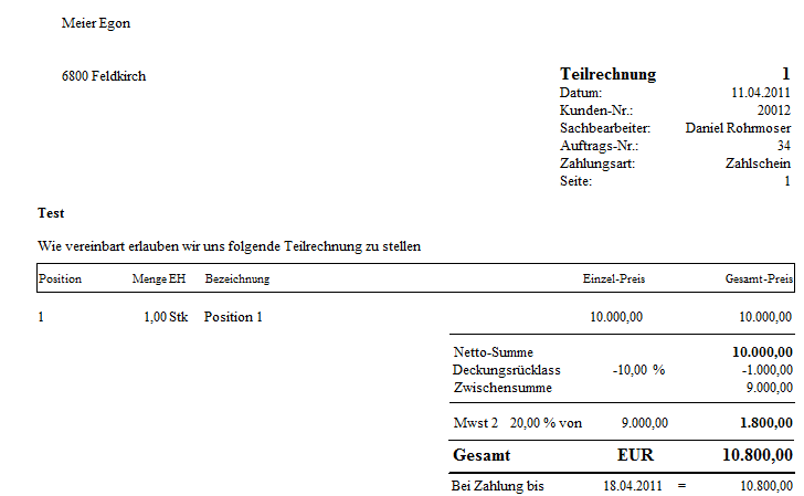 Teilrechnung 1 - mit Deckungsrcklass vom Brutto